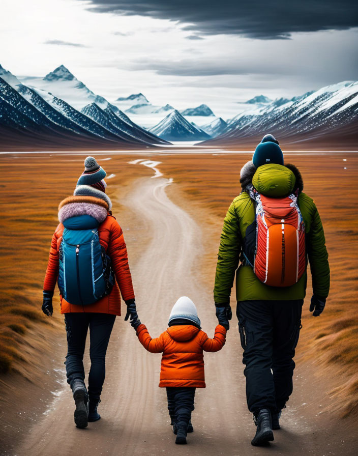 Family hiking on trail with snow-capped mountains in background