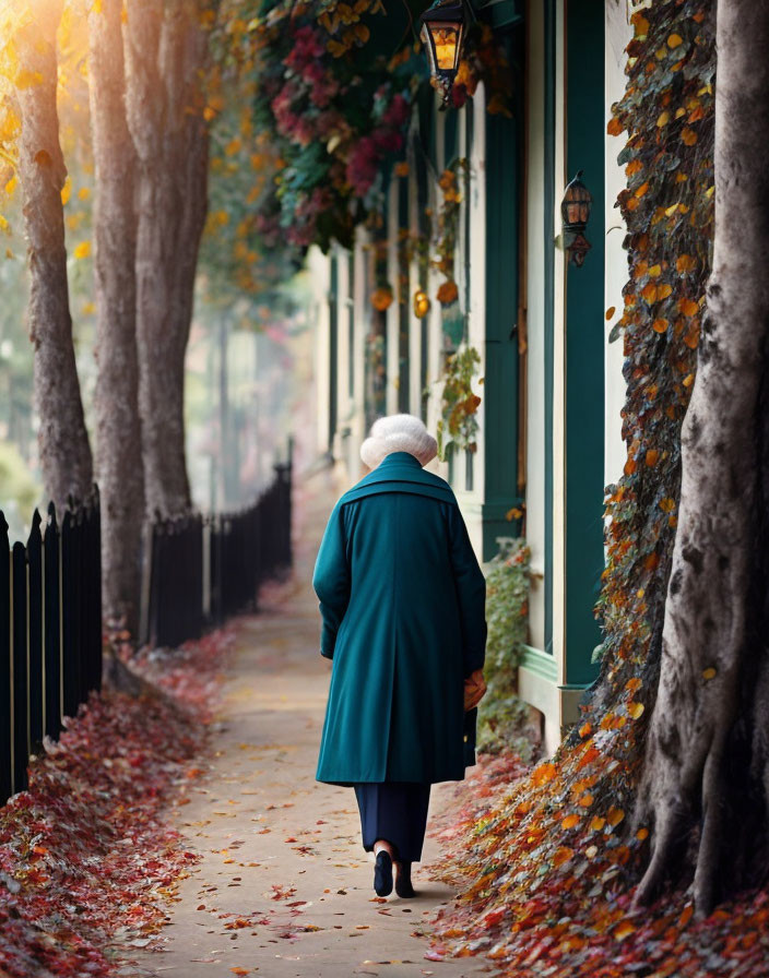 Elderly person in teal coat walks on autumn pathway with vintage street lamps