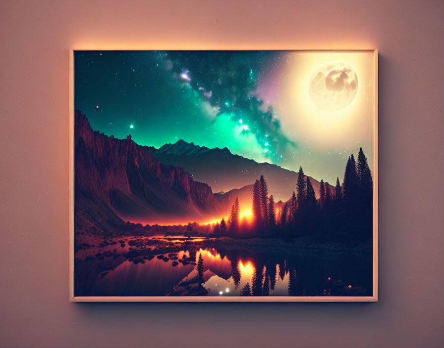 Surreal landscape wall art with illuminated night sky, moon, and northern lights