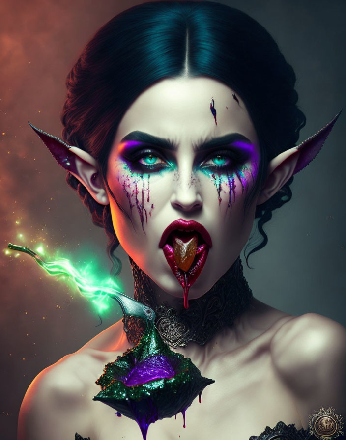 Fantasy female character with green hair and pointed ears holding a magical green flame, featuring dramatic makeup and