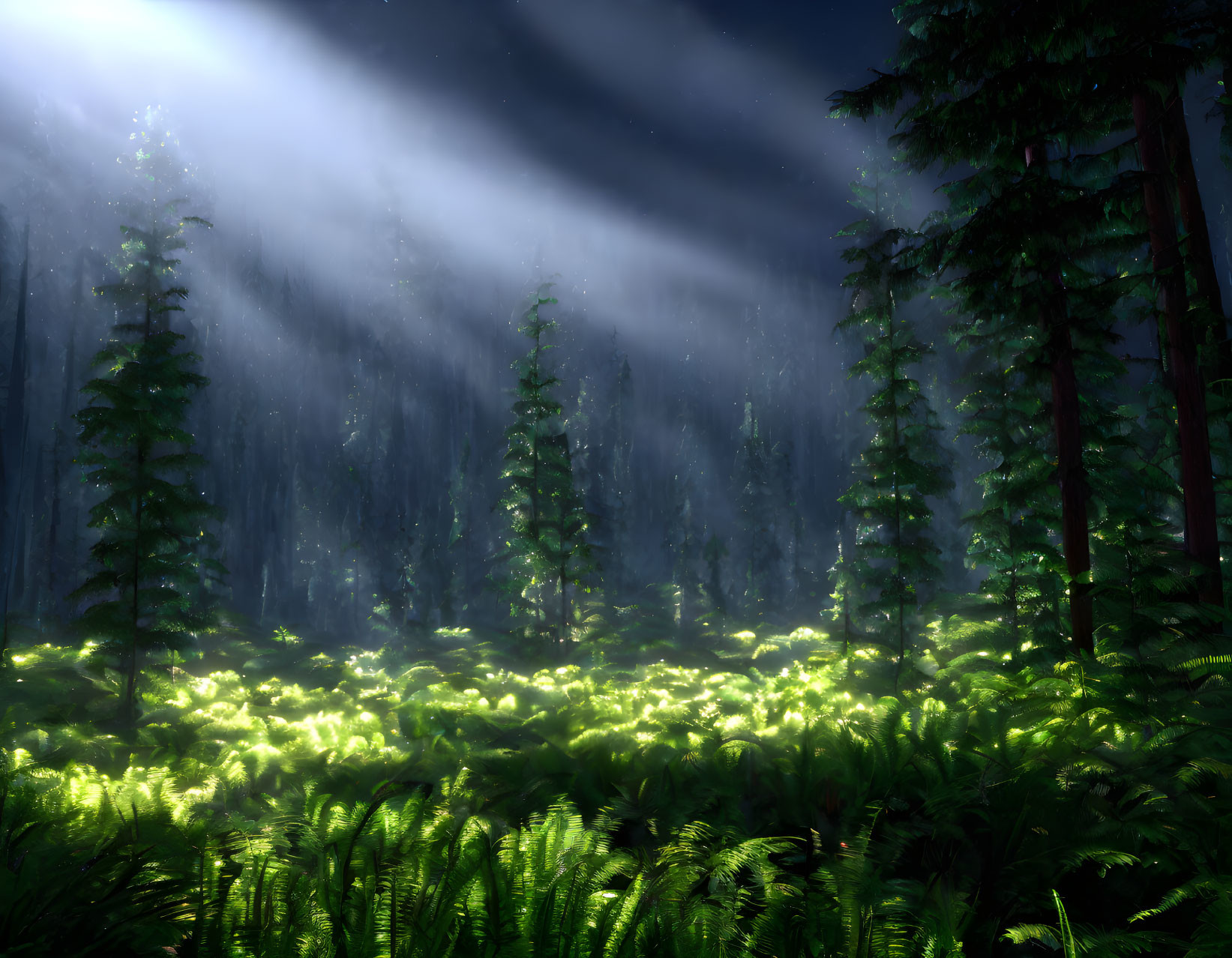 Sunlit forest glade with mist and pine trees