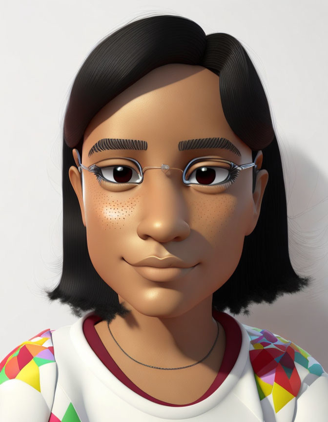 Tan Skin 3D Animated Character: Short Black Hair, Glasses, Freckles, White Shirt