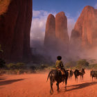 Group of individuals riding camels through desert with sandstone formations and clear sky