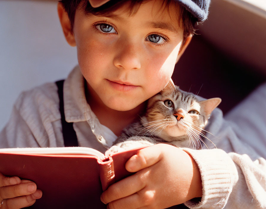 Young child holding gray-striped cat with captivating blue eyes.