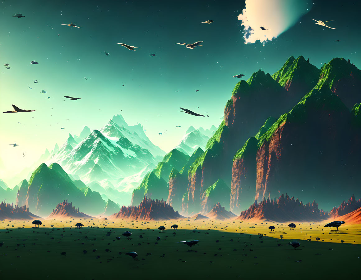 Green mountains and futuristic spaceships in a vivid landscape