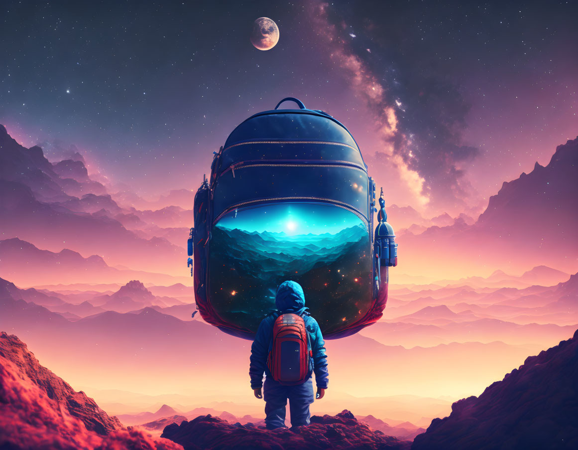 Astronaut with futuristic backpack and ocean on alien planet landscape