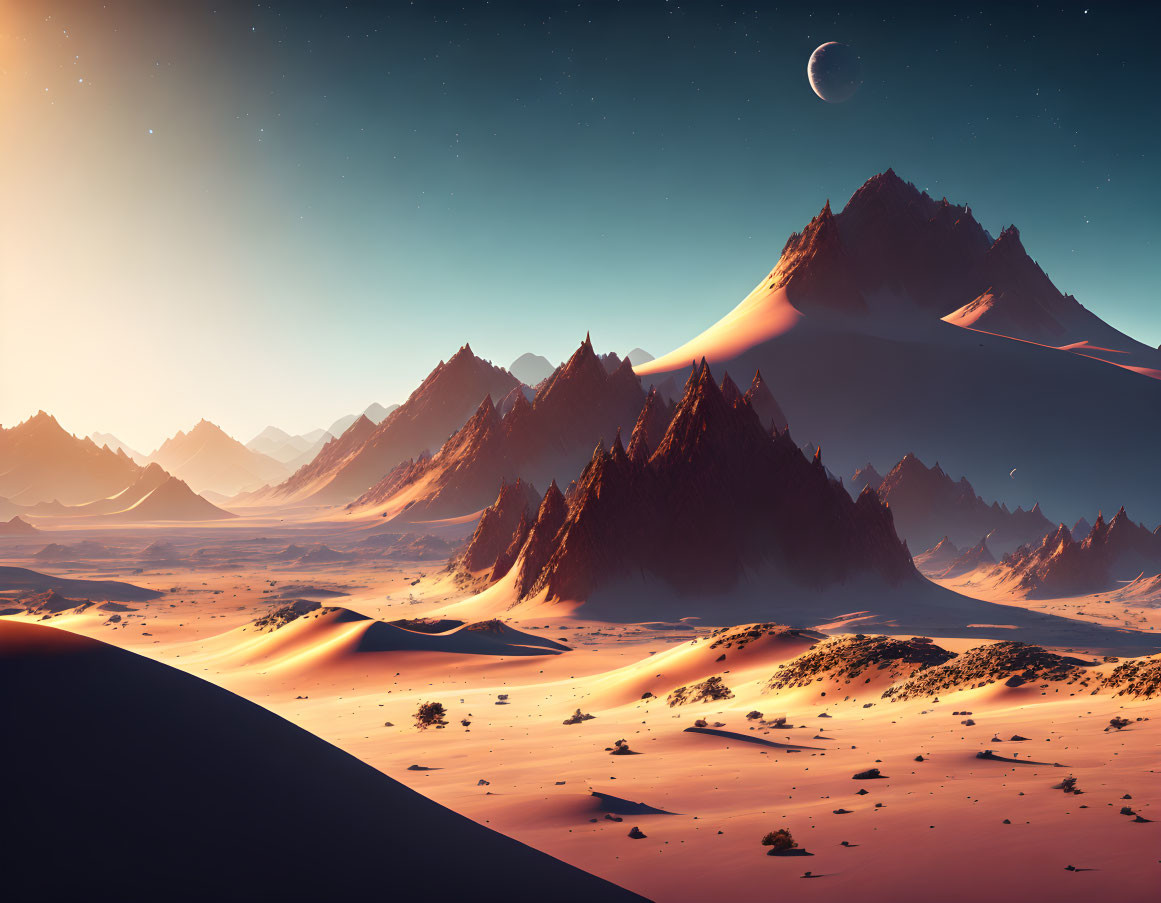 Desert landscape at dusk with sand dunes, mountain peaks, crescent moon