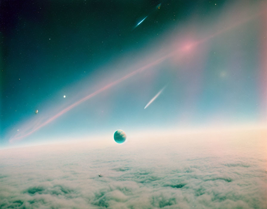 Cosmic view of planet, stars, and comets in pastel sky