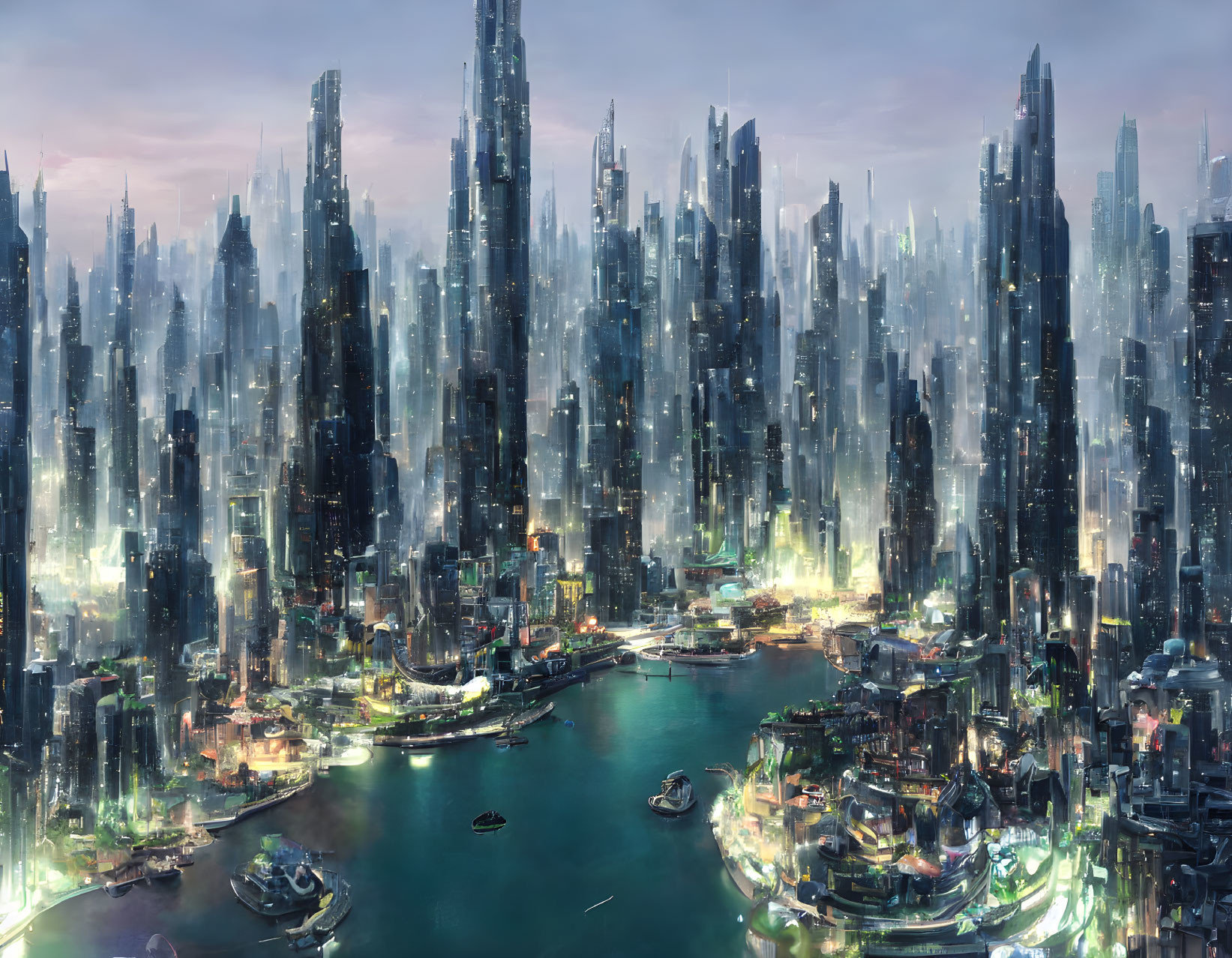 Futuristic cityscape with illuminated skyscrapers and waterways