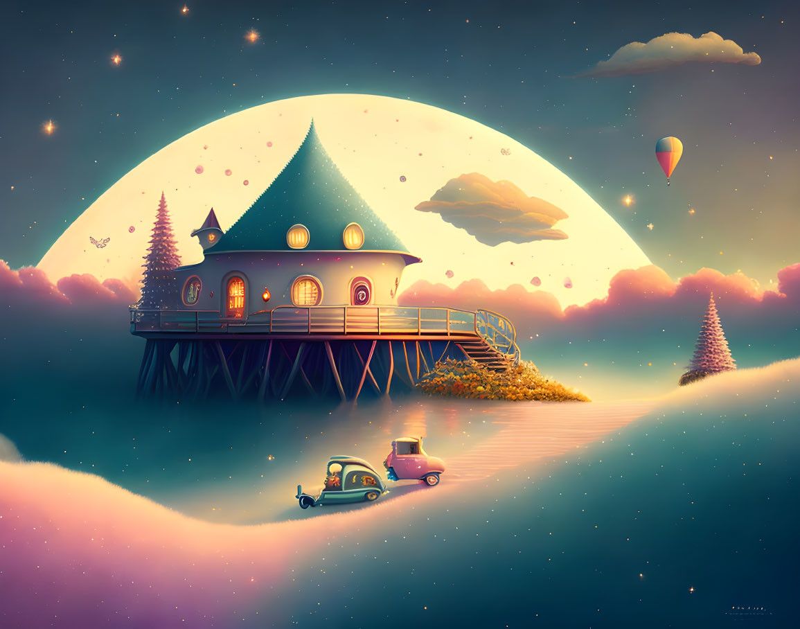 Illustration of house with conical roof above clouds, vintage car, hot air balloon, stars.