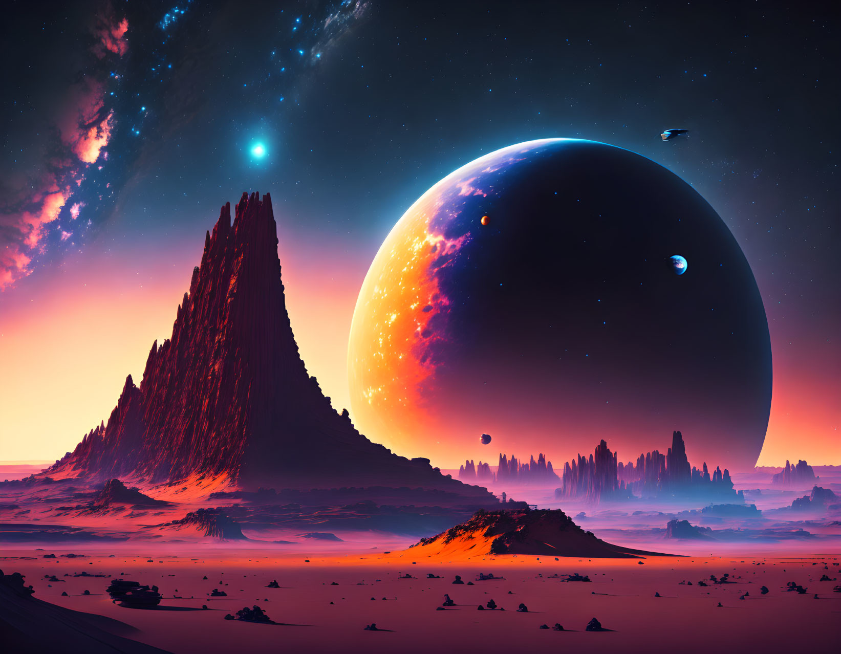 Surreal alien landscape with towering rock formations