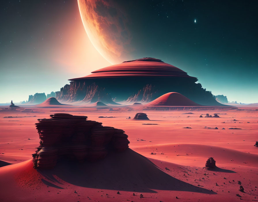 Desert landscape with red sand, rock formations, and massive planet in surreal twilight.