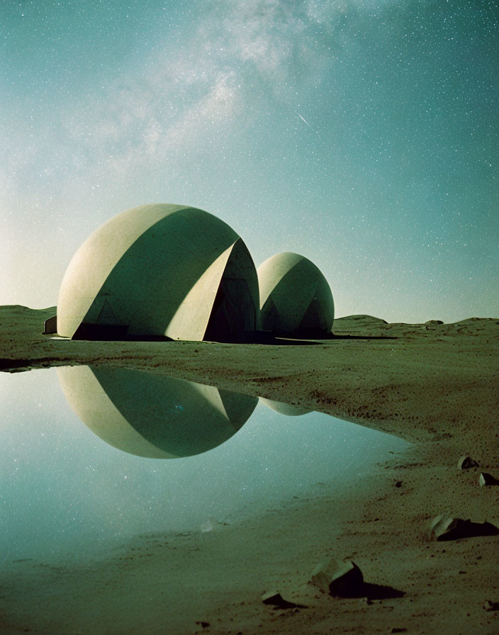 Spherical structures mirrored on water under starry desert sky