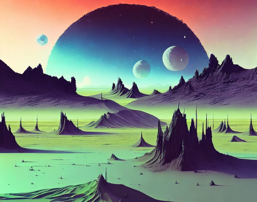 Alien landscape with multi-colored sky and pointy mountains