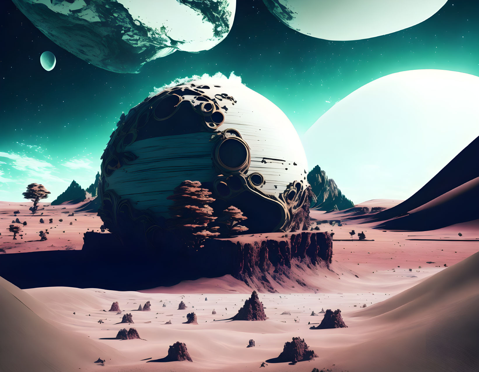 Surreal desert landscape with cratered sphere under multiple moons