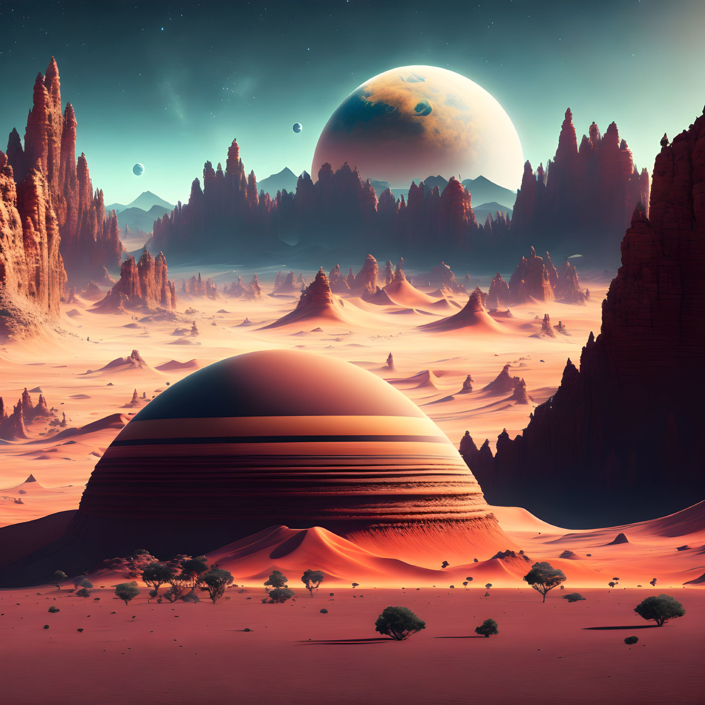 Surreal desert landscape with towering rock formations and large moon