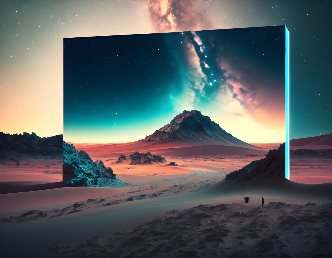 Surreal landscape featuring cosmic screen and observers in desert