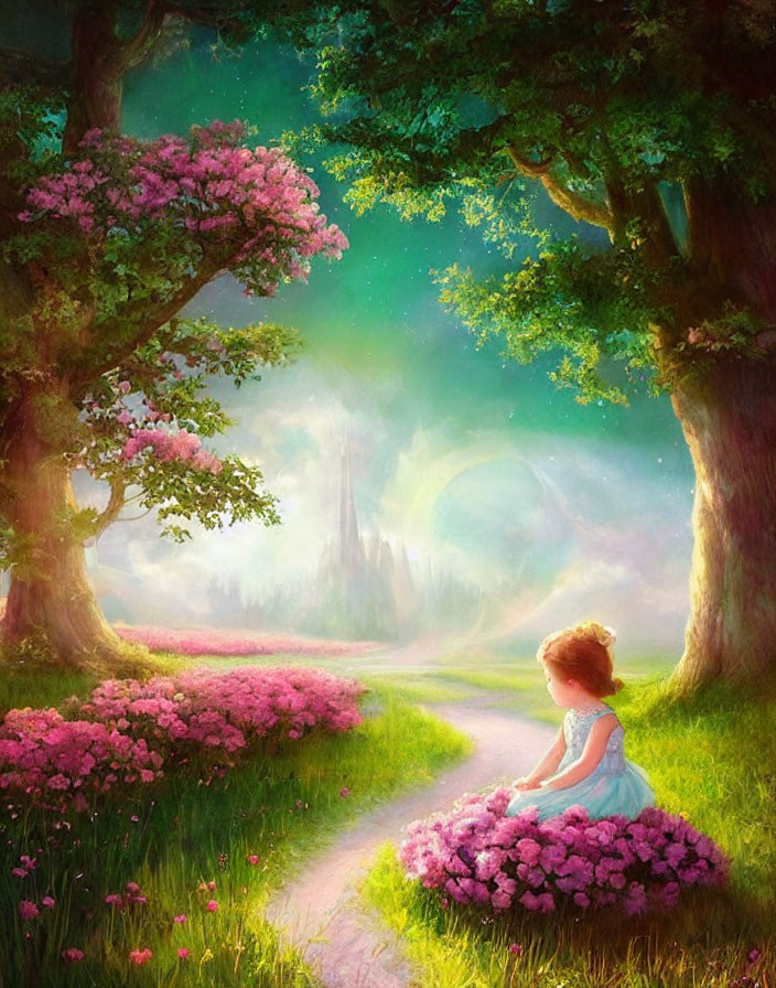 Vibrant landscape with young girl, castle, lush trees, and glowing sky