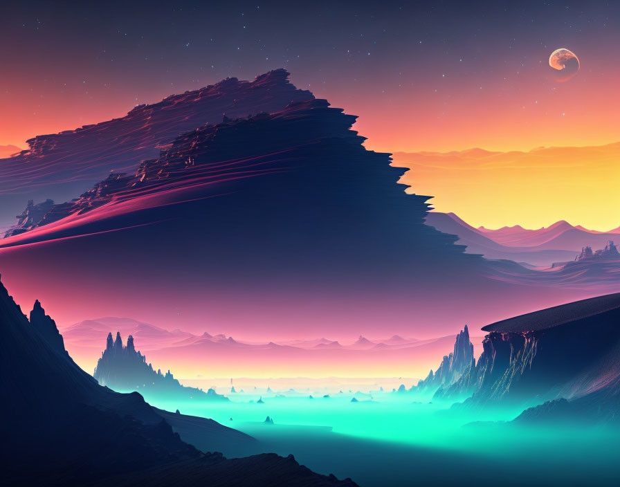 Layered Rock Formations in Surreal Landscape with Crescent Moon