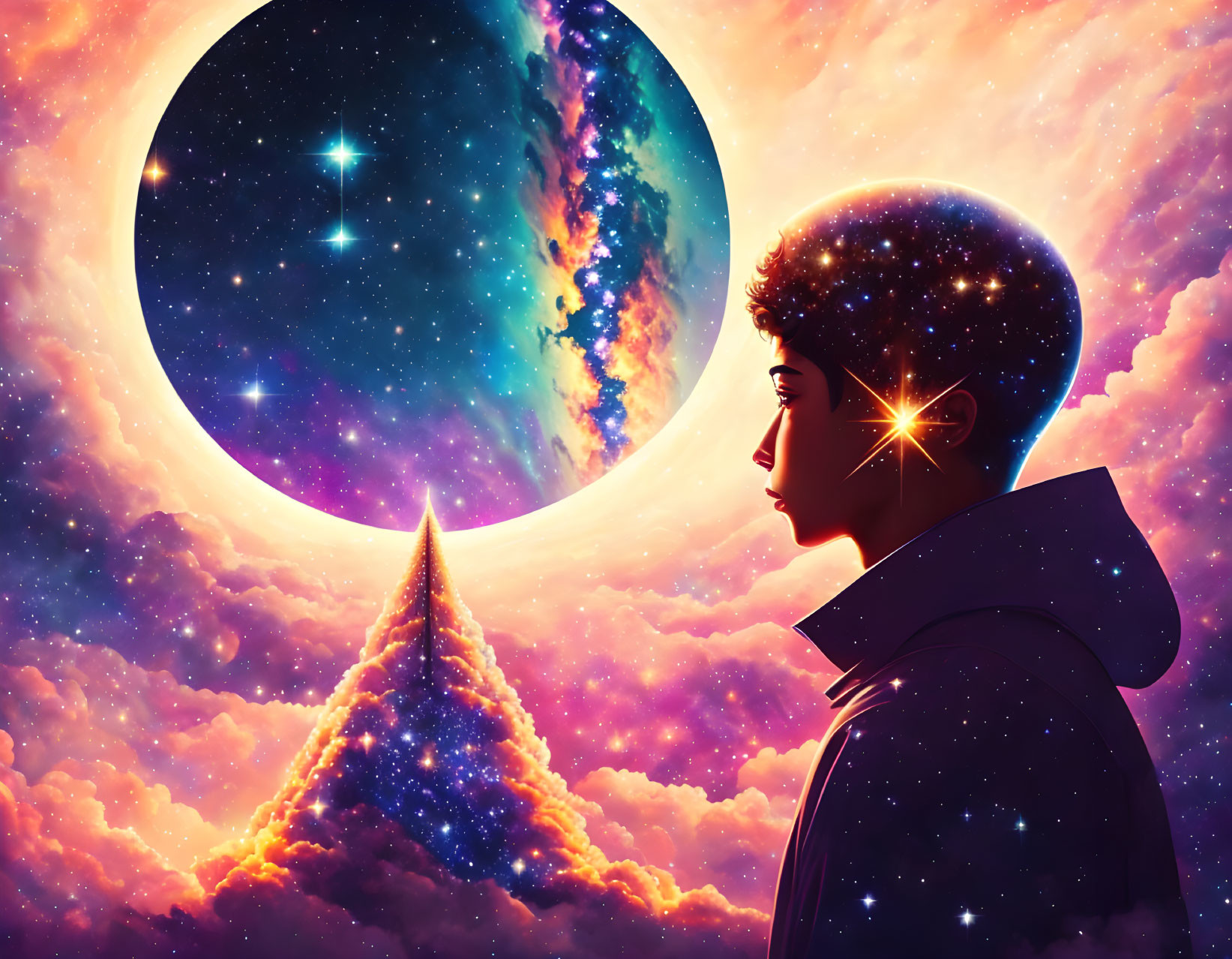 Person Contemplating Cosmic Scene with Galaxy Mind and Starlit Portal