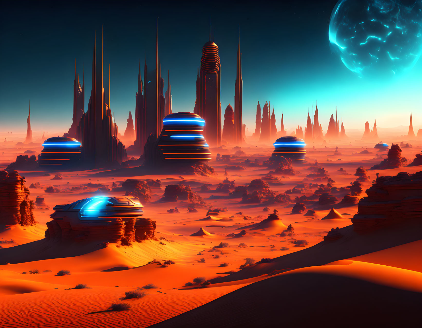 Futuristic desert cityscape with towering spires and floating vehicles at dusk