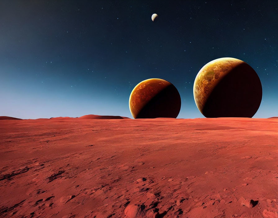 Barren red Martian landscape with two large moons in starry sky