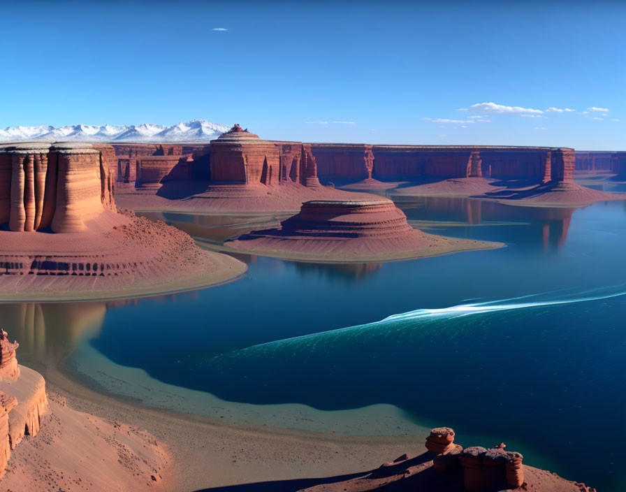 Serene Lake with Red Rock Formations and Snow-Capped Mountains