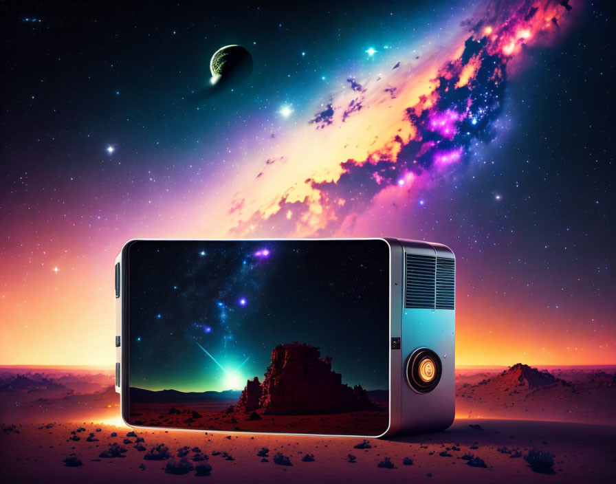 Vibrant galactic scene projected with surreal desert landscape and colorful nebula sky