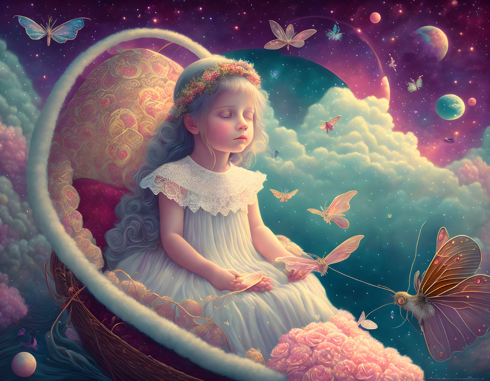 Young girl in white dress on crescent moon surrounded by butterflies and stars