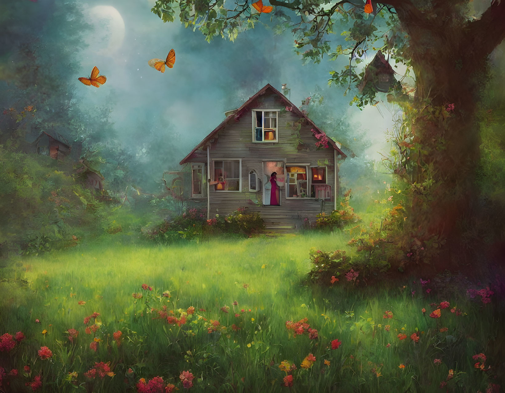 Charming cottage in flower-filled glade with butterflies and person.