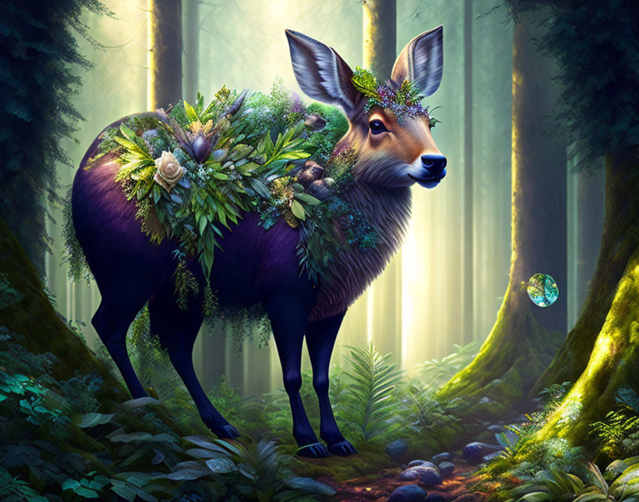 Mystical deer with lush antlers in enchanted forest