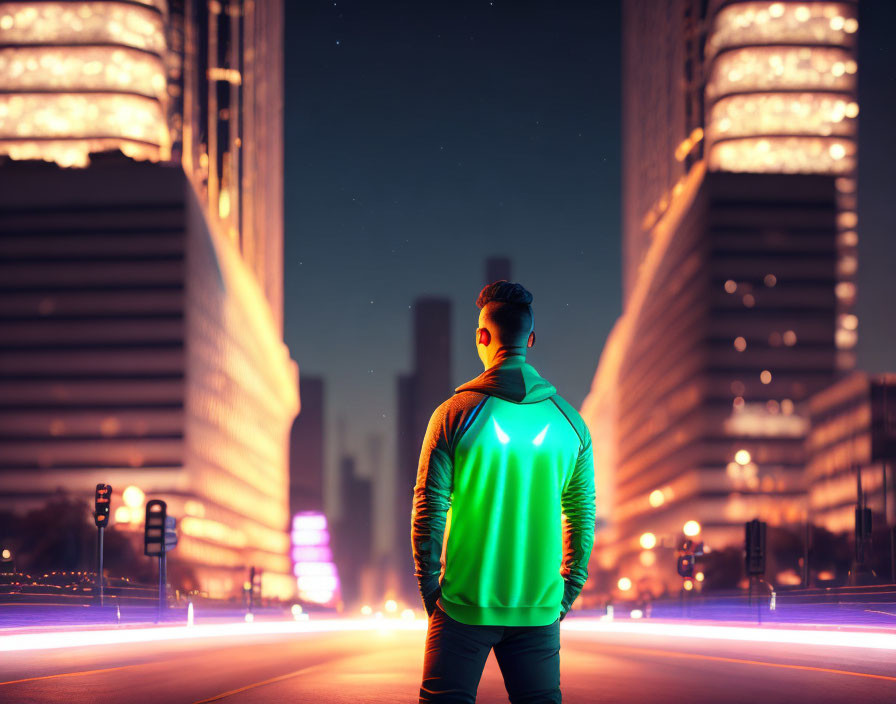 Person in neon jacket faces illuminated city at night