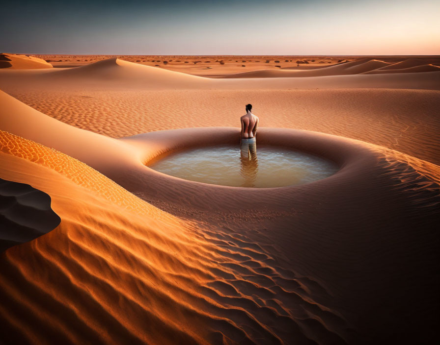 Desert Sunset Scene with Person in Oasis