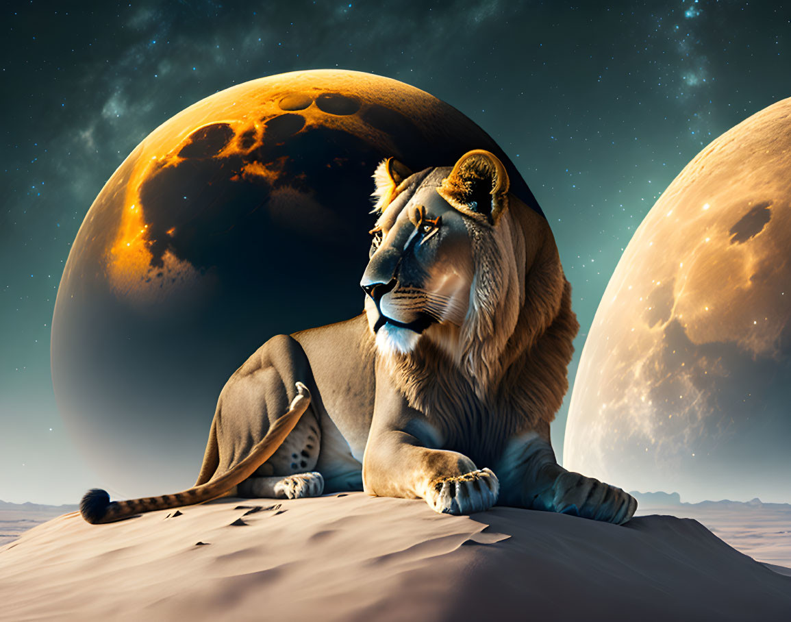 Majestic lion resting on sandy dune under two moons in starlit sky