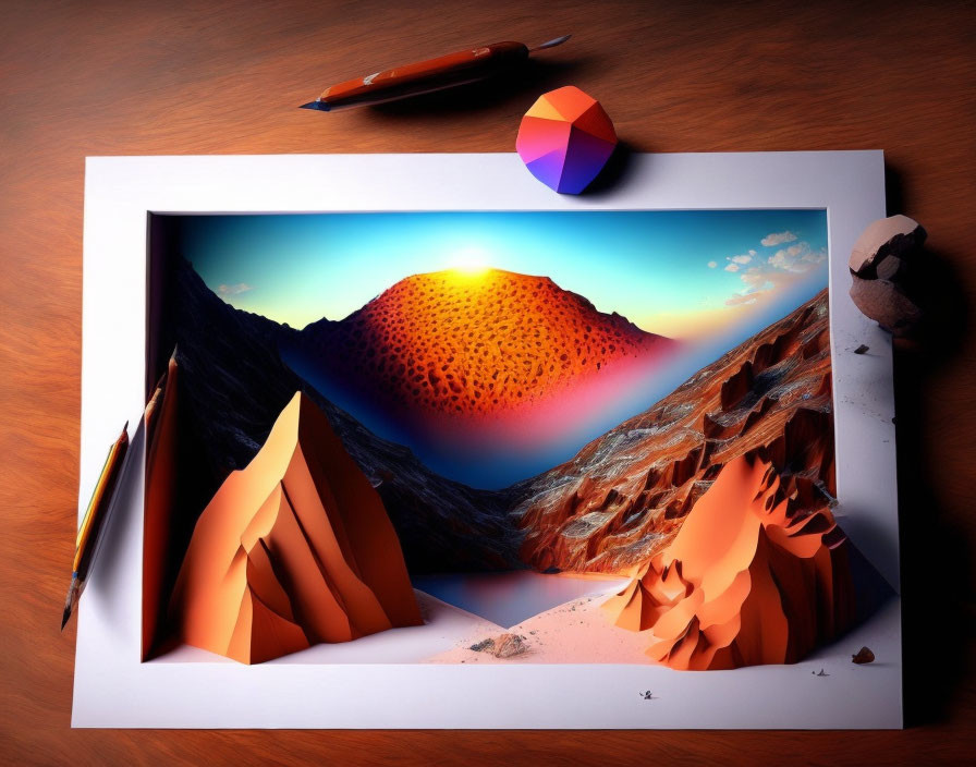 Surreal 3D landscape emerging from flat paper with pen, prism, and pencil tip.