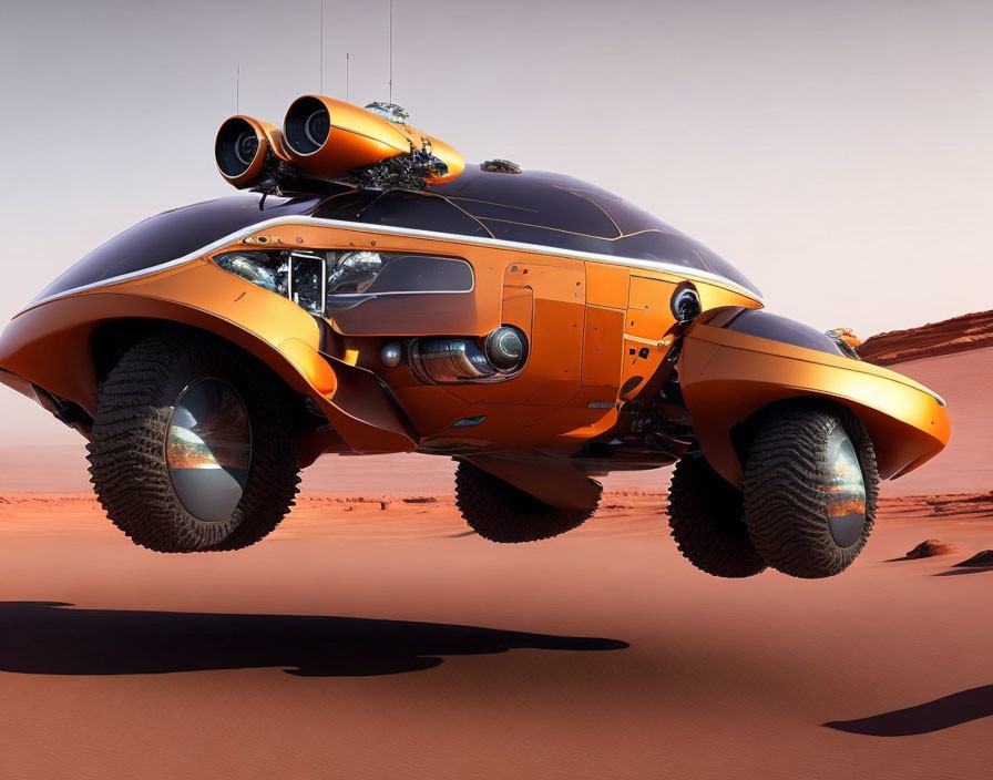 Futuristic orange rover with large wheels and telescopic equipment in desert landscape