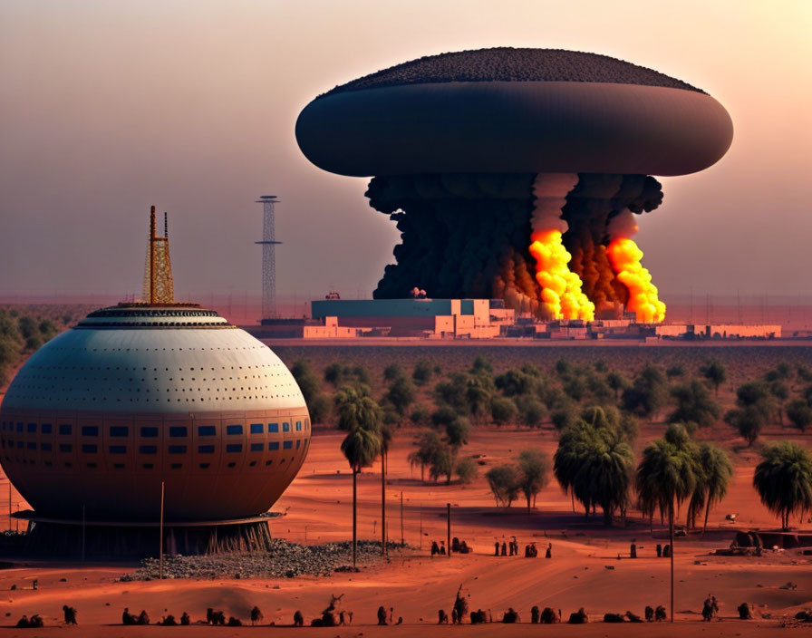 Spherical building and mushroom cloud against orange sky