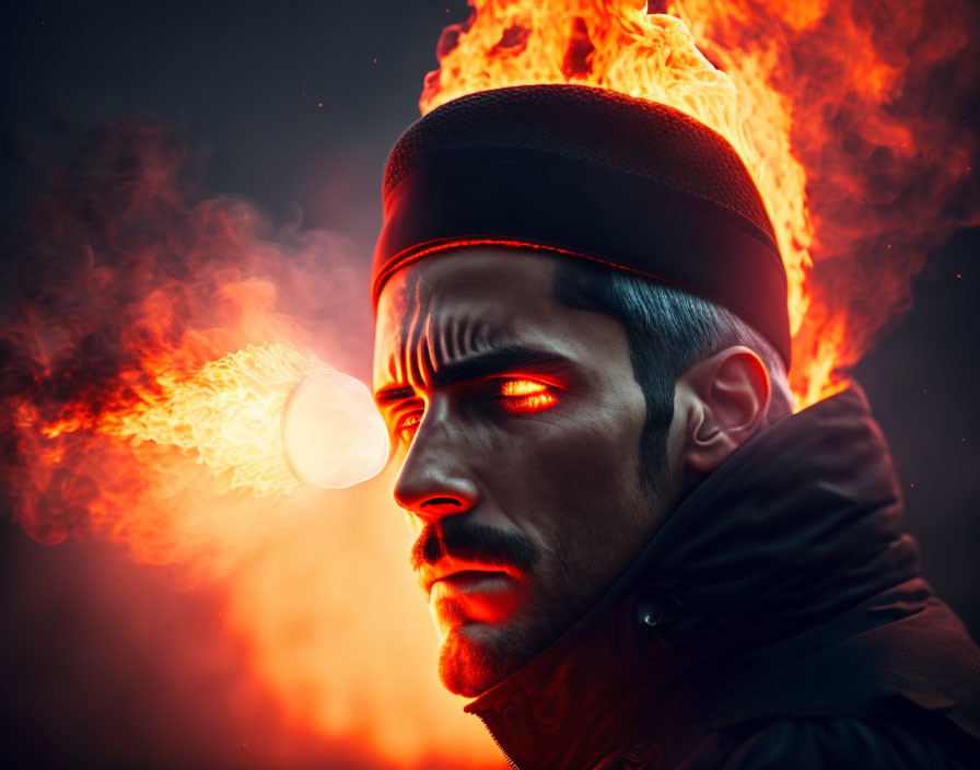 Man with Glowing Red Eyes and Flaming Hat in Dramatic Lighting