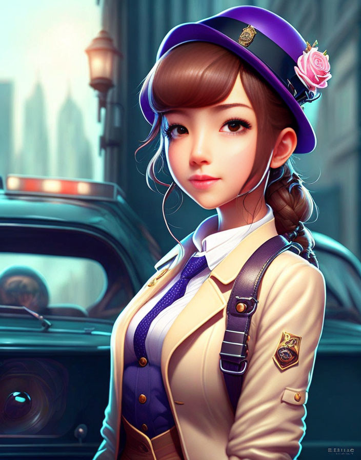 Illustrated female character in vintage police uniform with large eyes and rose in urban setting