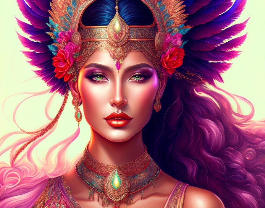 Woman with Vibrant Feathers and Ornate Jewelry on Pink and Purple Background