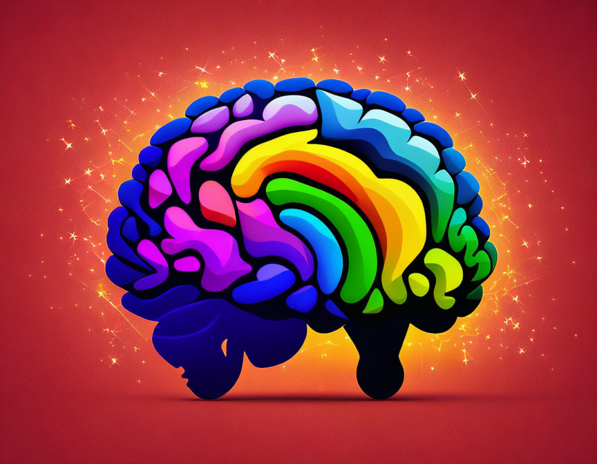 Vibrant human brain illustration with rainbow gradient on red background