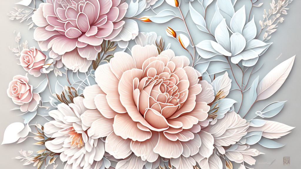 Pastel-colored flowers: Pink peonies, roses, and soft blue foliage on muted background