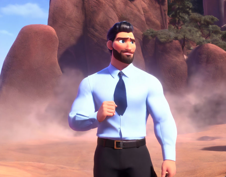 Stylized animated character with black beard in desert setting