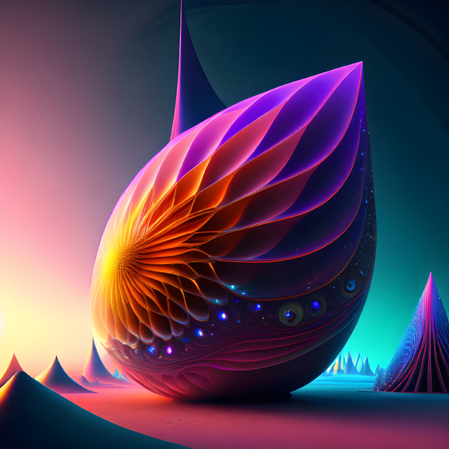 Abstract futuristic seed vessel on alien landscape with iridescent textures