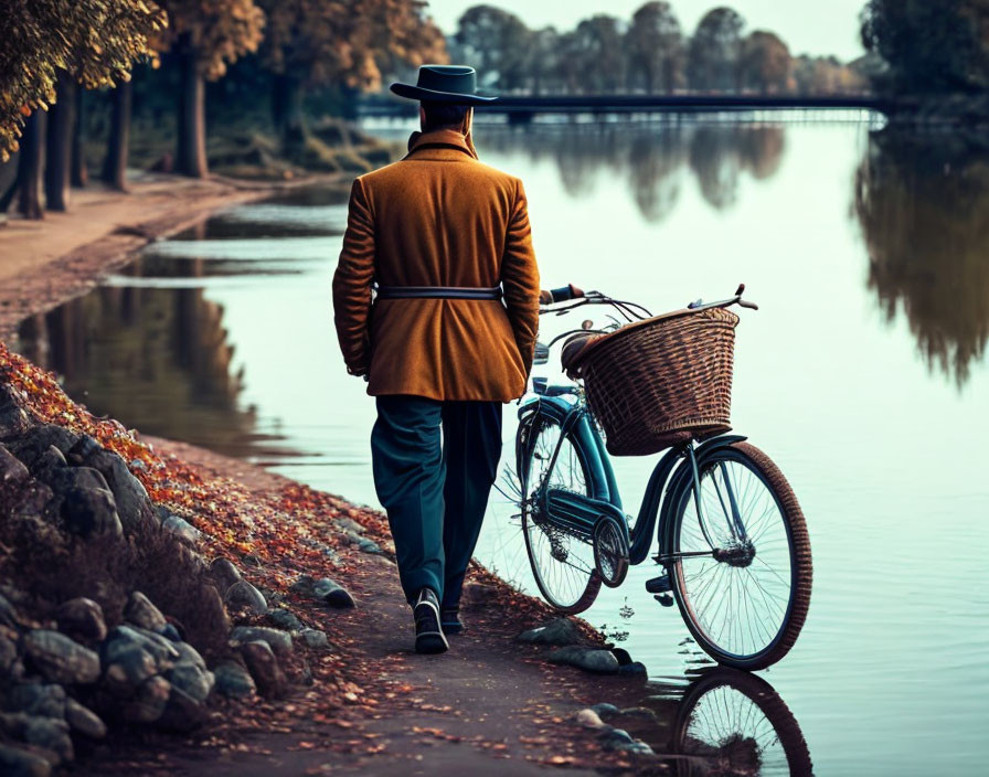 Vintage Outfit Person Walking with Bicycle Along Autumn Riverside Path