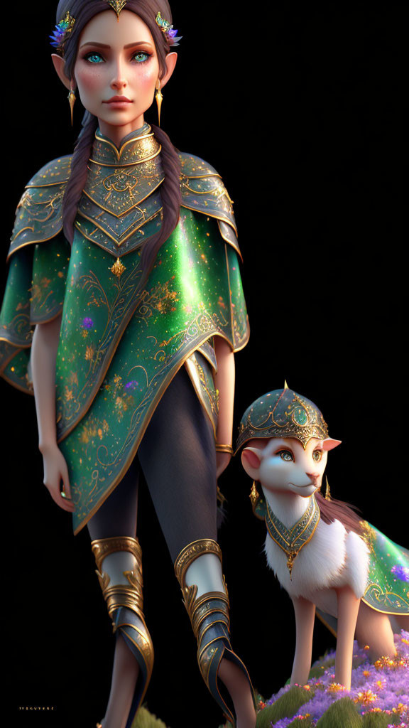 Elaborate green and gold medieval attire on a female character with a mystical fox in digital art