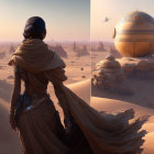 Person in desert attire views floating spherical structures at sunset