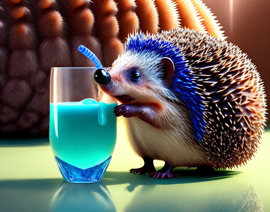 Adorable animated hedgehog with expressive eyes next to blue drink on green surface