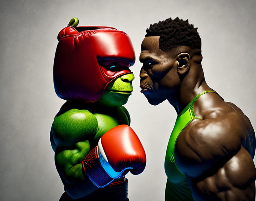 Stylized green pepper and athletic man face off in boxing gear