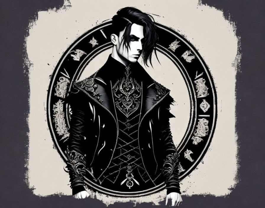 Stylized gothic male figure with long black hair and ornate clothing in circular emblem backdrop